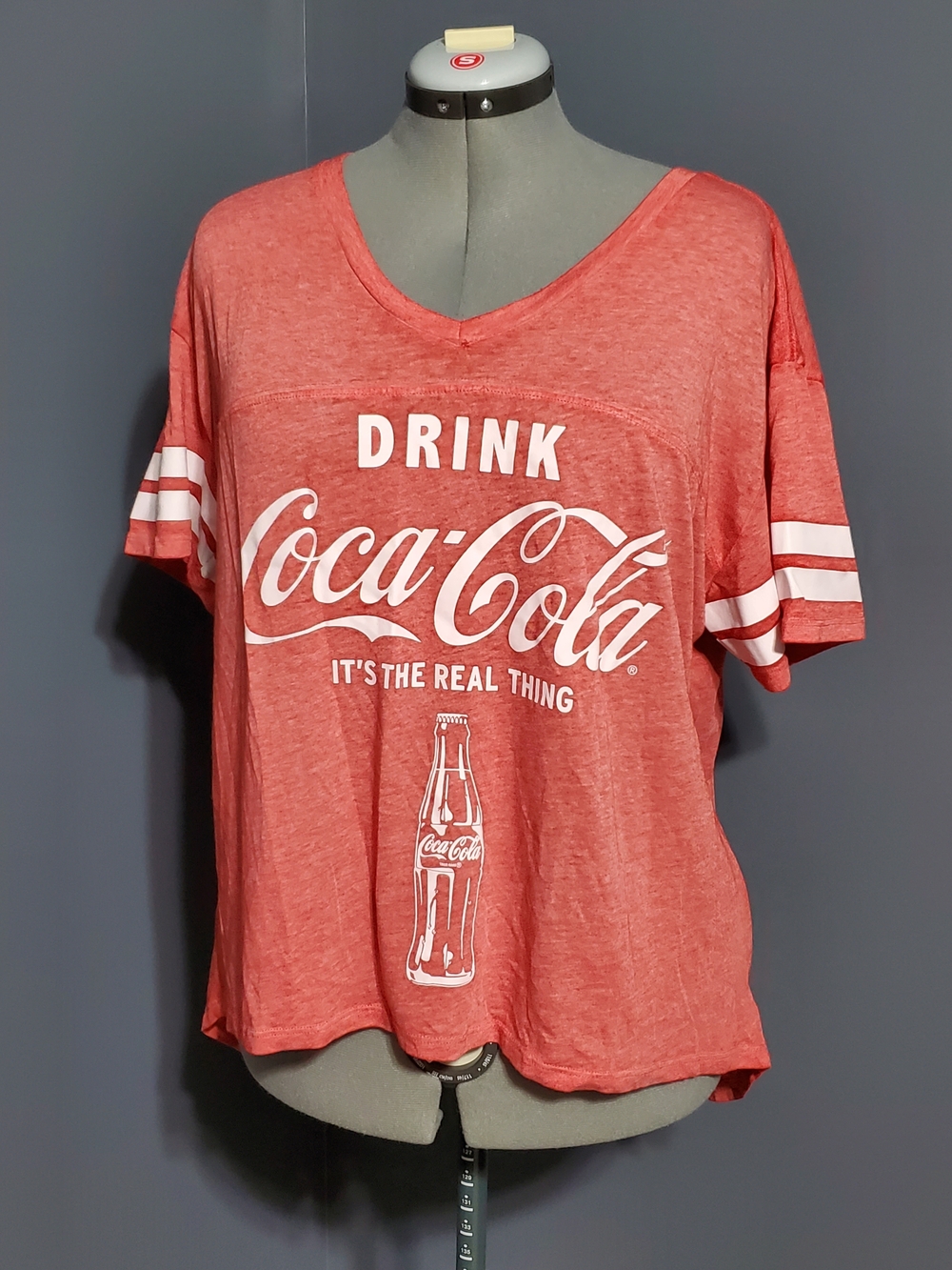 Coca Cola Red V-Neck Graphic Tee with White Sleeve Stripes Hi Low Hem Size 3X